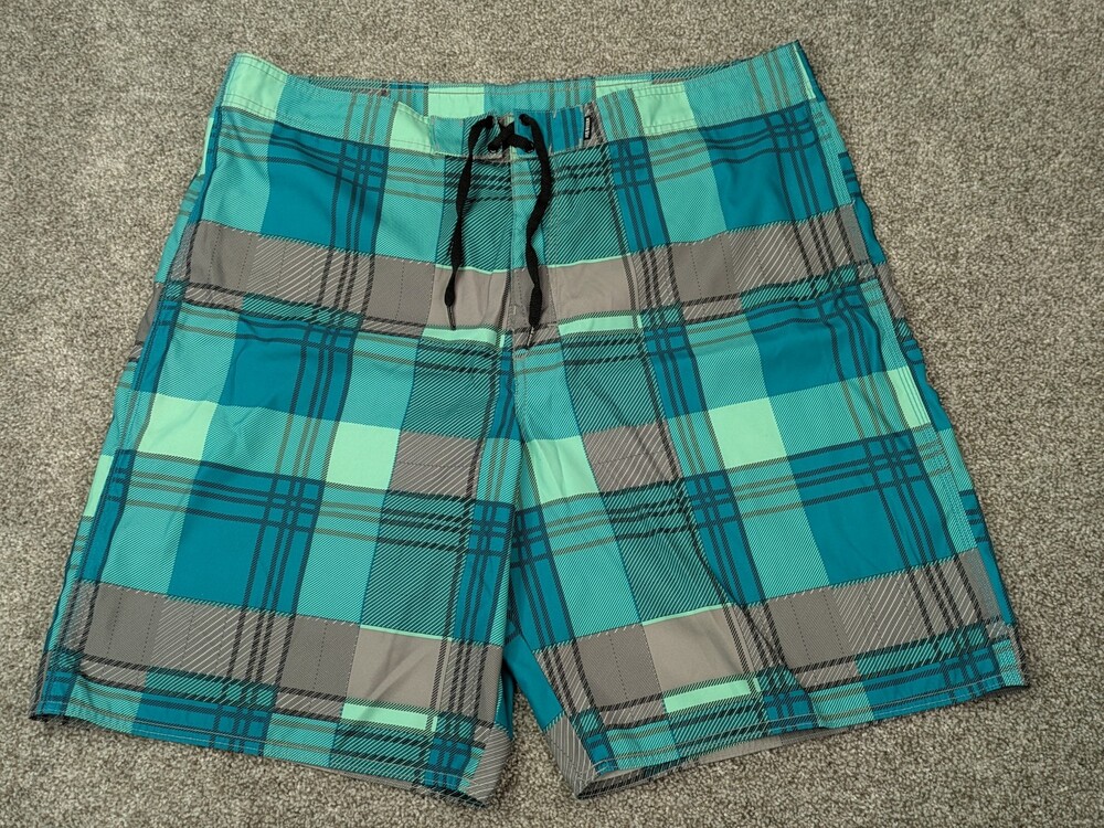 Joe Boxer Board Shorts Mens 40 Green Blue Plaid Hybrid Swim Surf Beach Unlined